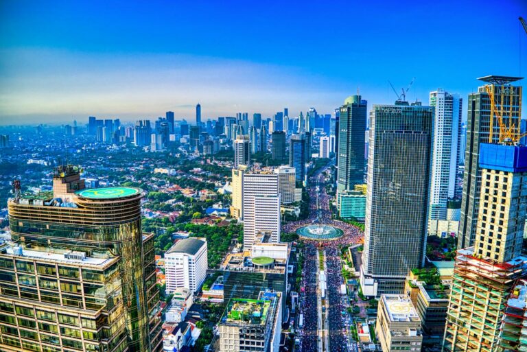 A breathtaking aerial view showcasing Jakarta's modern skyline and vibrant cityscape.