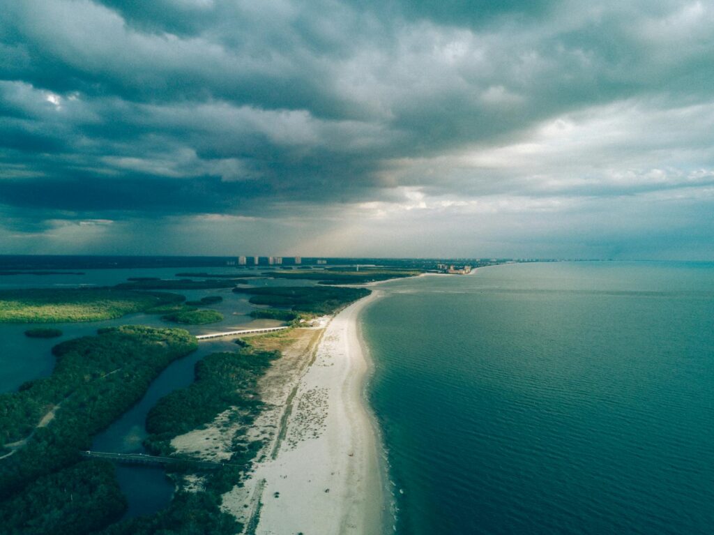 Aerial shot of a serene beach coastline with lush greenery and expansive ocean under dramatic clouds.