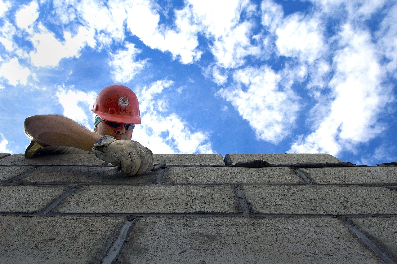 sky, clouds construction, brick layer, man, hardhat, outside, labor, worker, working, nature, summer spring